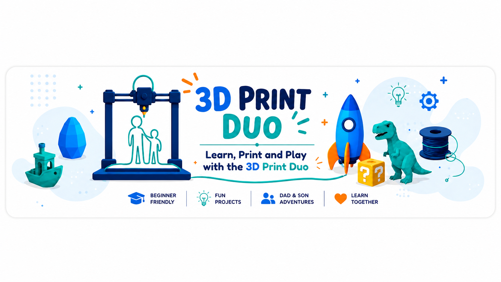 3D Print Duo banner with a 3D printer, rocket, dinosaur, toys, and filament