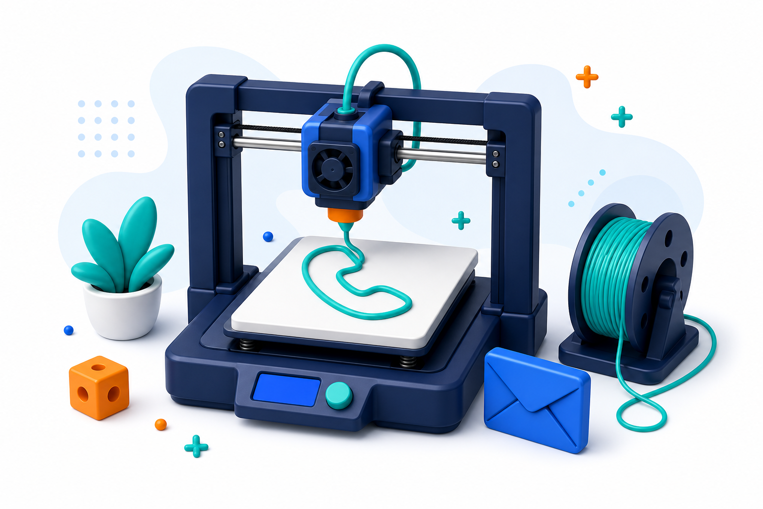 A friendly 3D printer printing a phone-shaped contact icon
