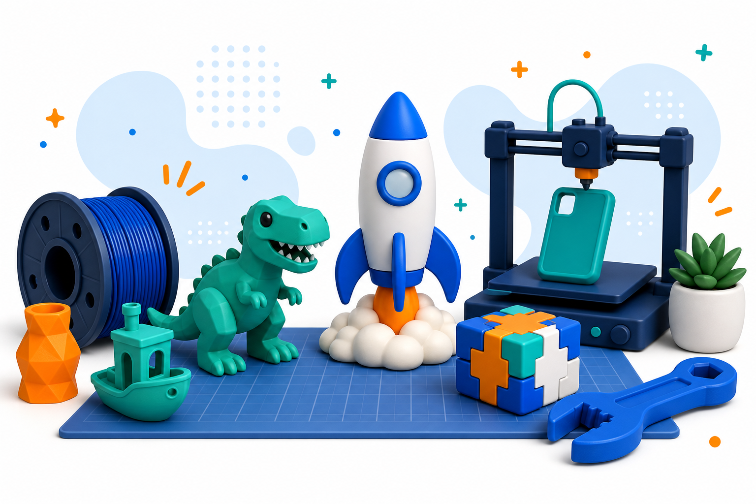 Colorful 3D printed toys and gadgets on a workbench